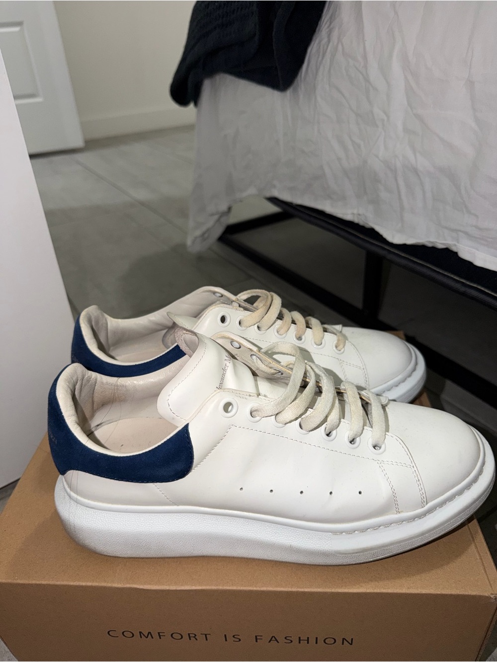 Alexander McQueen White Leather Sneakers with Navy Heel